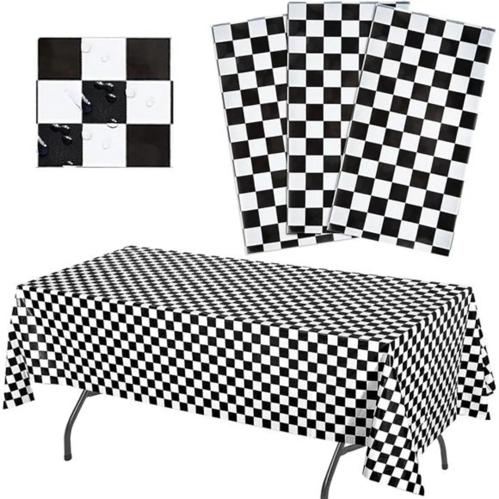Black Checkered Tablecloth Plastic|3 Pcs Pack -54” Wide x108” Long|Black & White